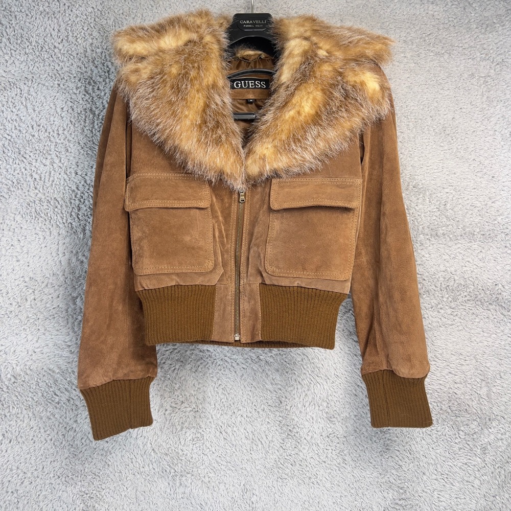 Vintage Guess Suede Bomber Jacket Brown Fur Collar Womens Medium Y2K Tan Leather